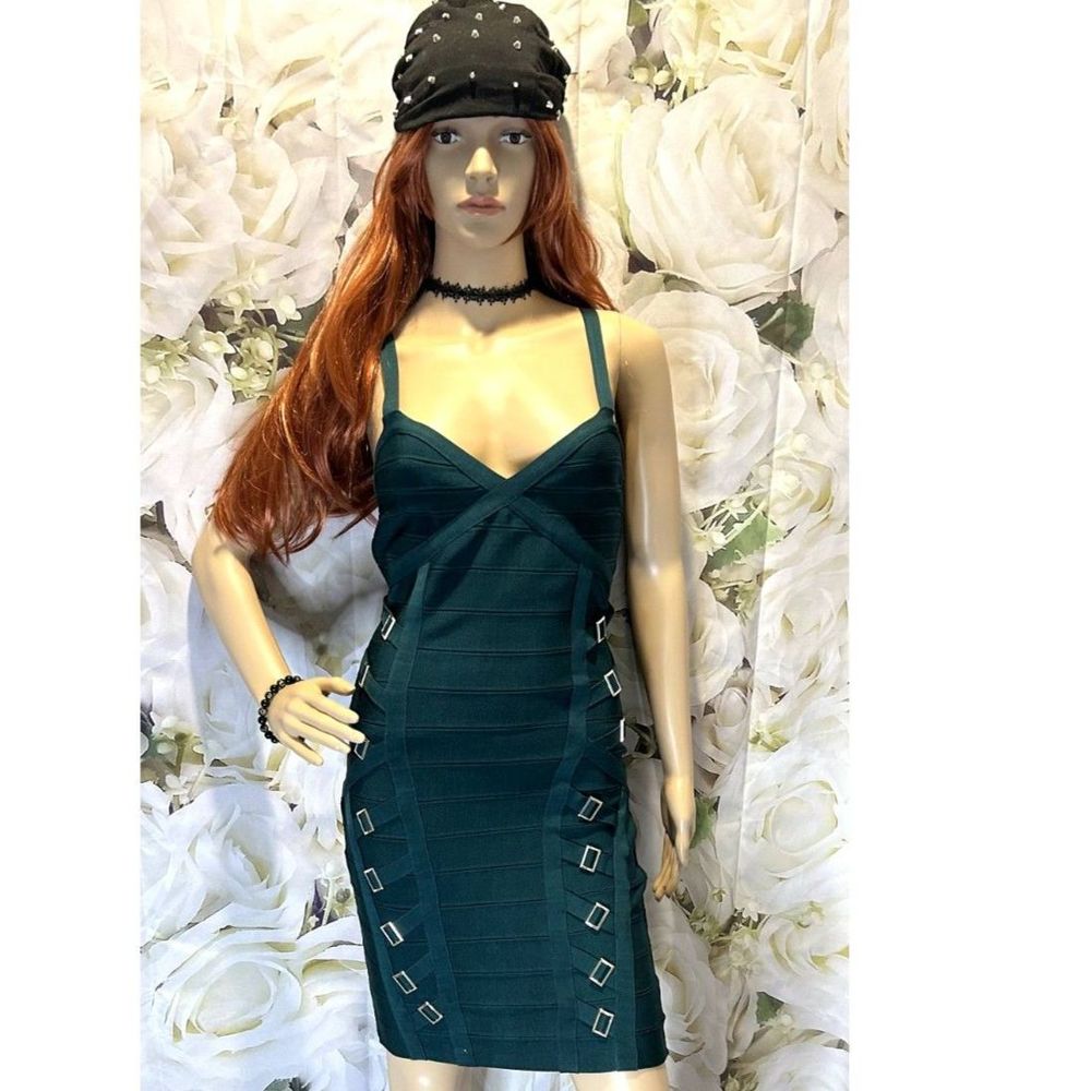 Bebe cocktail party  dress spandex forest green gold front buckles NWOT size S/P